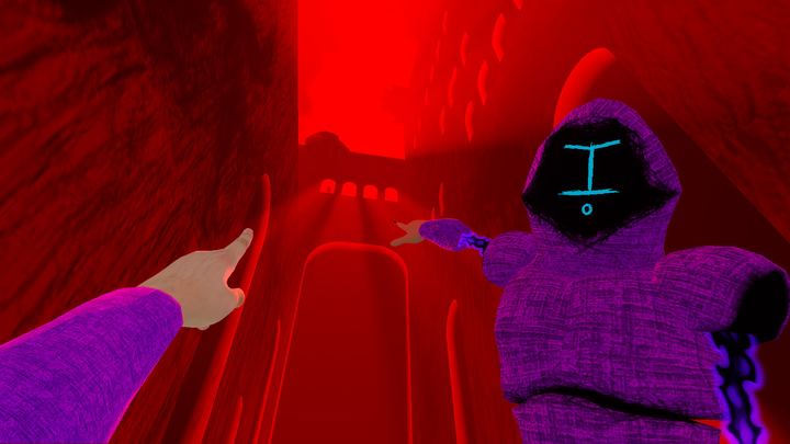 Two players pointing the way in a red tunnel
