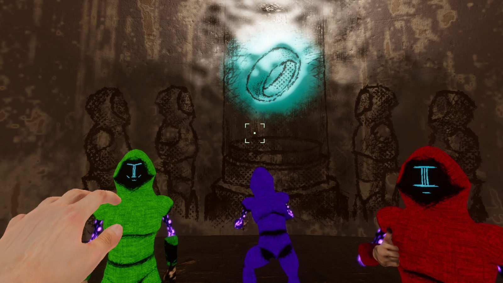 Three players at a temple, reaching for a glowing ring