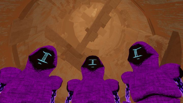 Three hooded players looking down at you
